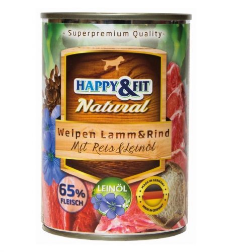 Happy&Fit Natural Dog Konzerv Junior Bárány&Marha Rizzsel&Lenmagolajjal 400g