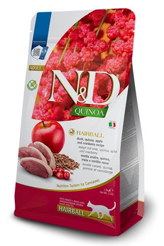 N&D Quinoa Hairball Cat Adult Duck 300g - macska száraztáp kacsa, quinoa, alma