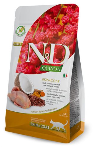 N&D Quinoa Skin&coat  Cat Adult Quail Coconut 1,5g - macska száraztáp fürj, quinoa, kókusz