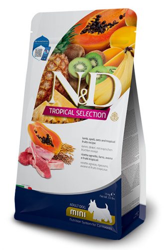 N&D Tropical Selection Dog Lamb Adult Mini 5kg - kutya száraztáp bárány, tönkölybúza, zab, trópusi gyümölcsök